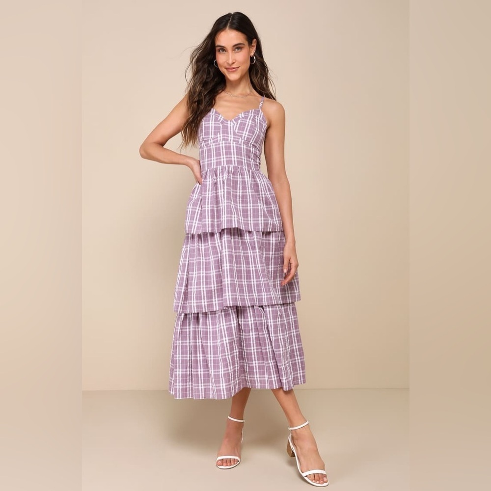 Lulu's Cutest Flair Lilac Plaid Sleeveless Bustier Tiered Midi Dress